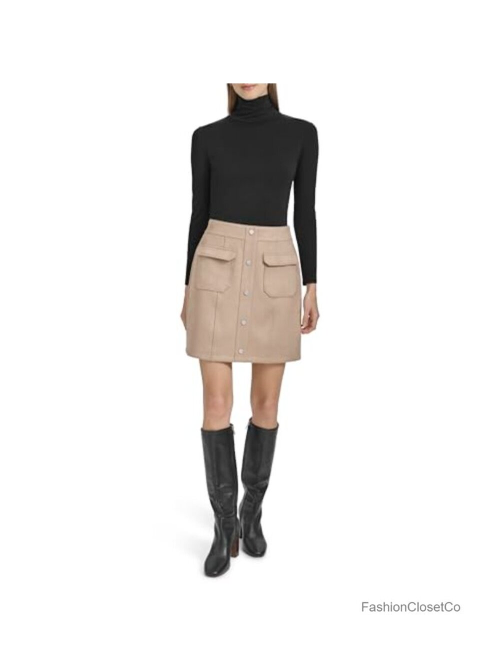 Faux Suede Pull-On Skirt Slim Fit Patch Pockets Business Casual